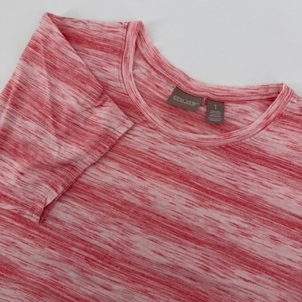 Chicos Red Pink White Space Dye Knit‎ Short Sleeve Top Crew Neck Size 1 Medium
